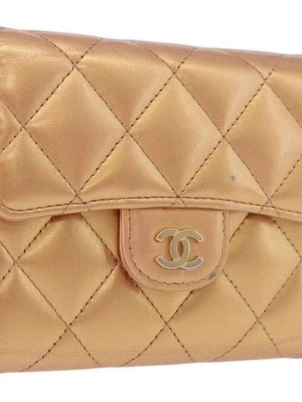CHANEL Matelasse Compact Wallet Lamb Skin Gold CC Auth 184655M